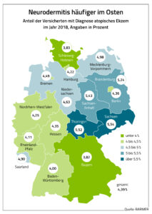 Deutschlandkarte mit Angaben der an Neurodermitis erkankten Personen